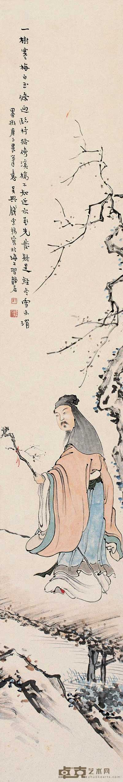 钱云鹤 赏梅图 立轴 131.5×21cm